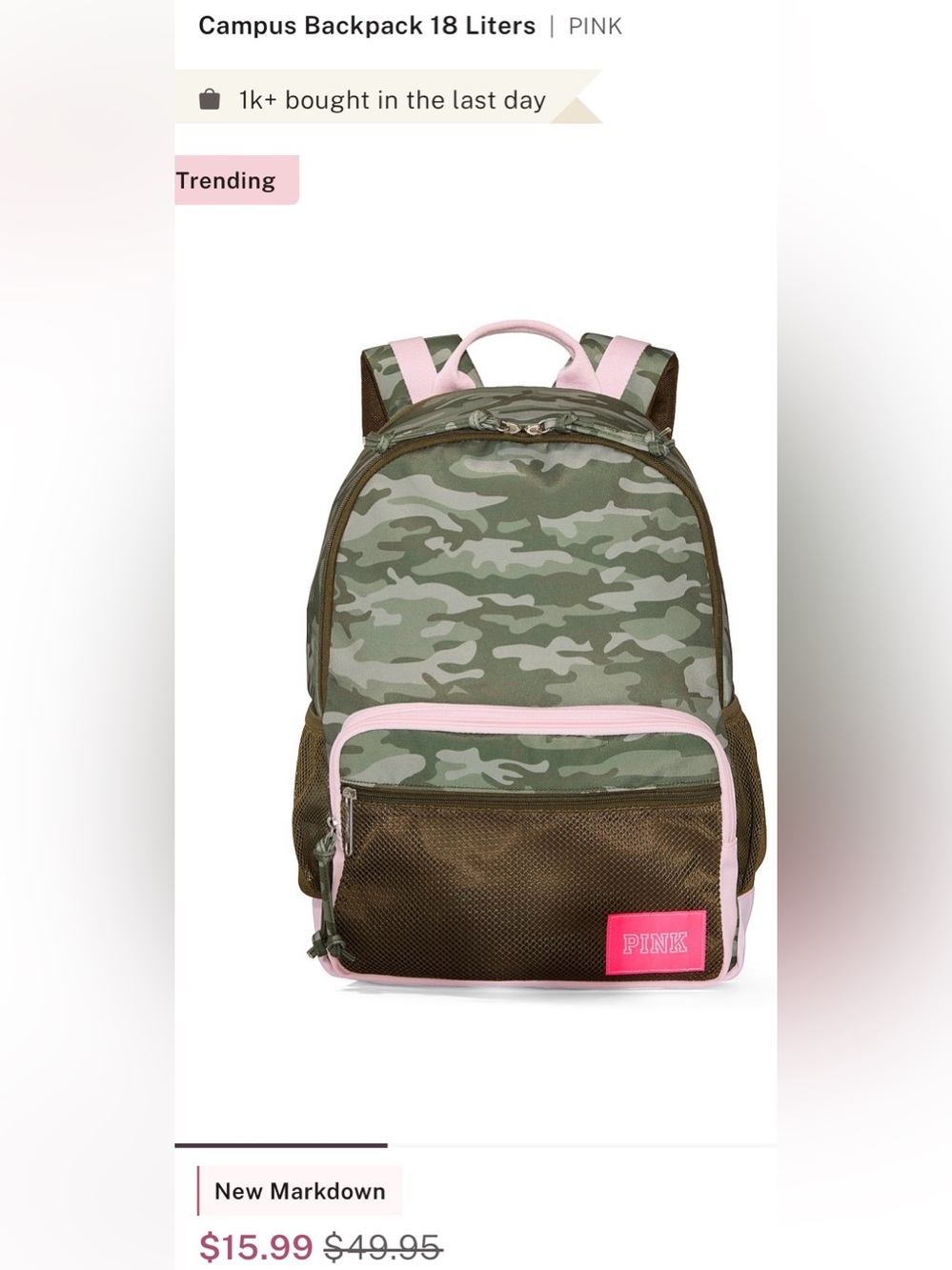 PINK Victoria's Secret Green Camo Backpack with Pink Accents FULL SIZE
